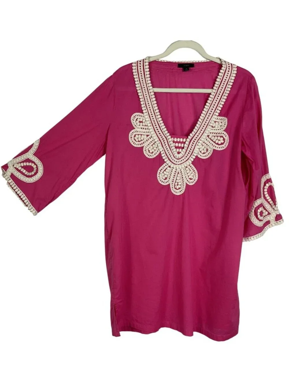 J.Crew Hot Pink Cotton Tunic Top Crochet Lace Beach Cover Up Medium Boho